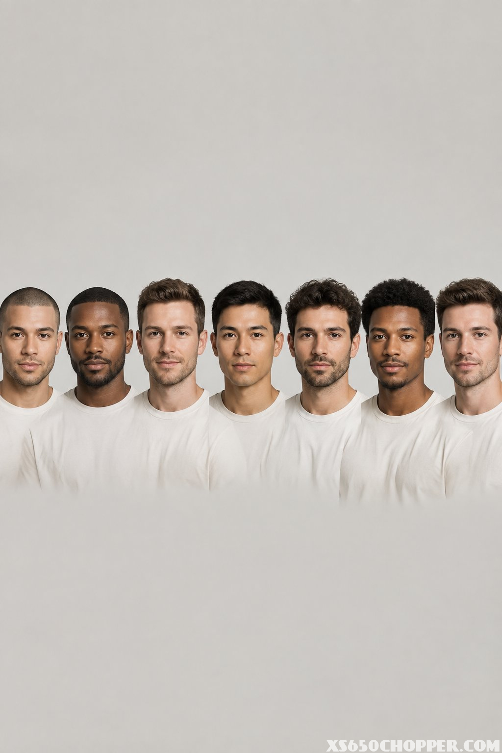 Seven men with progressively longer short haircuts pose side by side for comparison.
