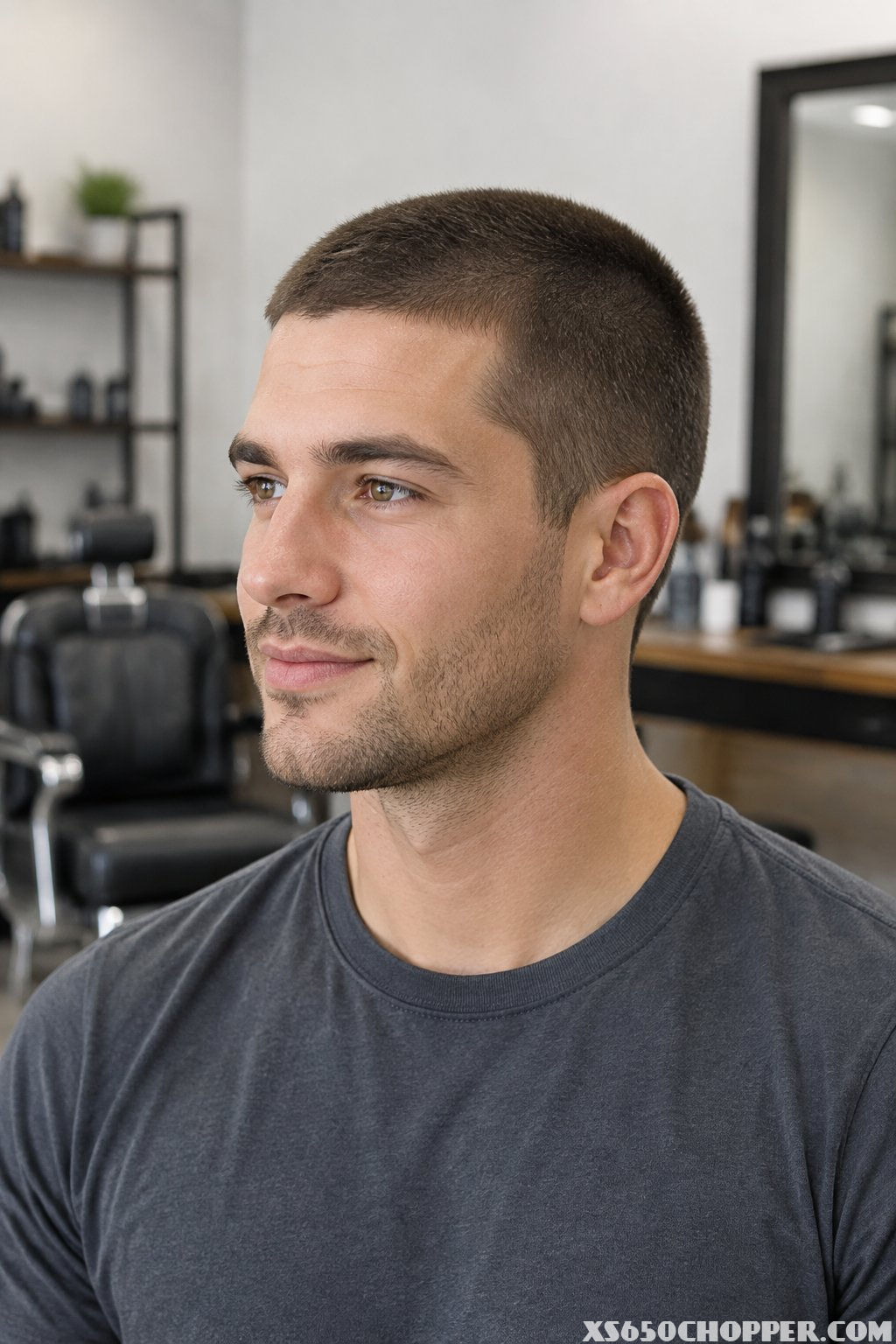 Man displaying a short, evenly clipped haircut in a barbershop.