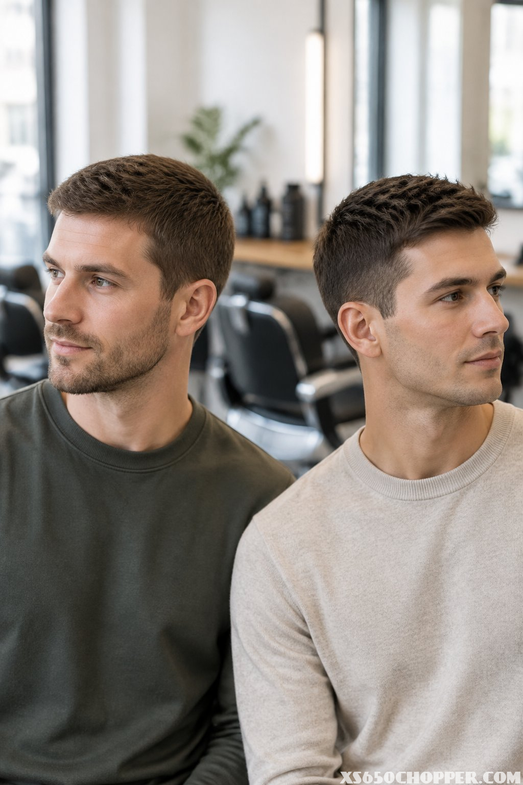 Two men with neatly trimmed short haircuts stand side by side in a barbershop.