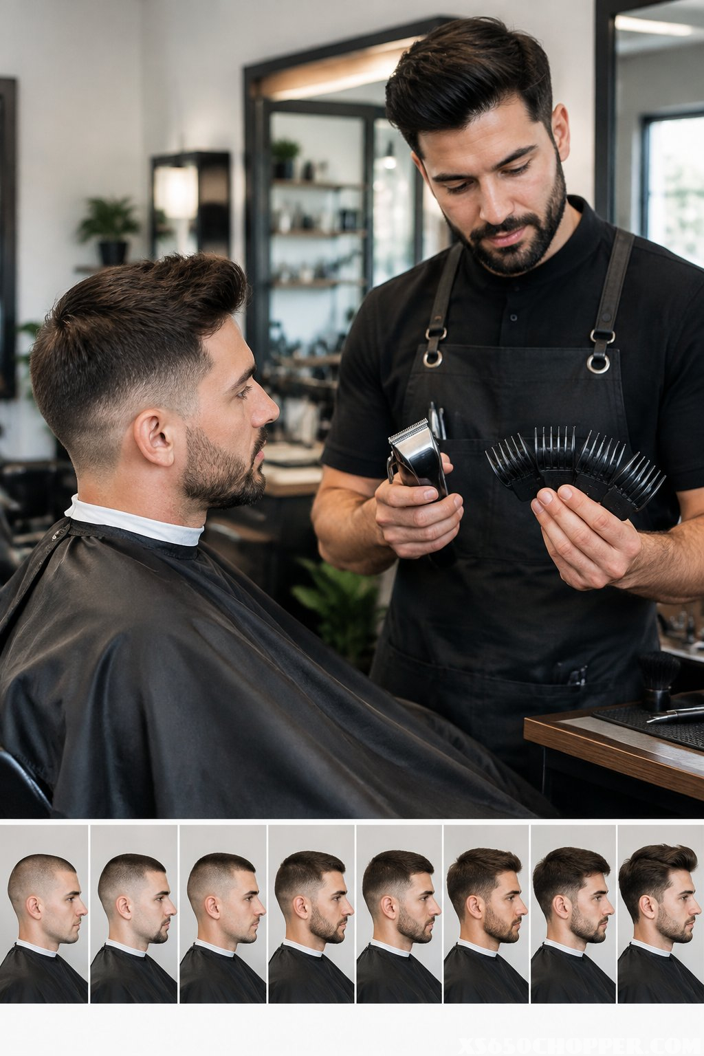 A barber compares clipper guards while consulting with a seated client about haircut length.