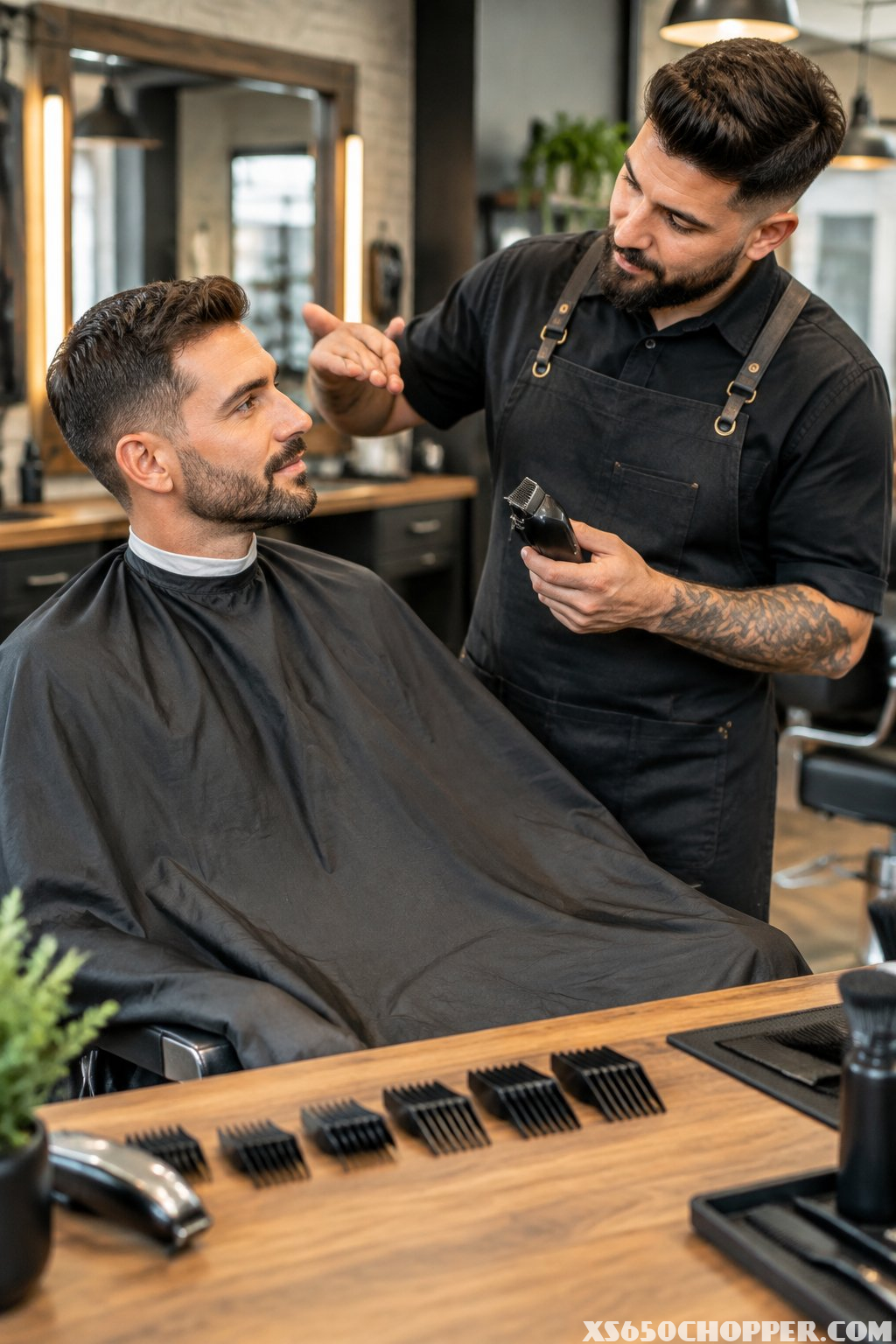 A barber discusses haircut length with a seated client while holding professional clippers in a modern barbershop.