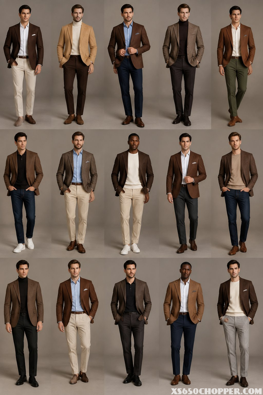 Fifteen men wearing polished brown blazer outfits are arranged in a stylish fashion studio.