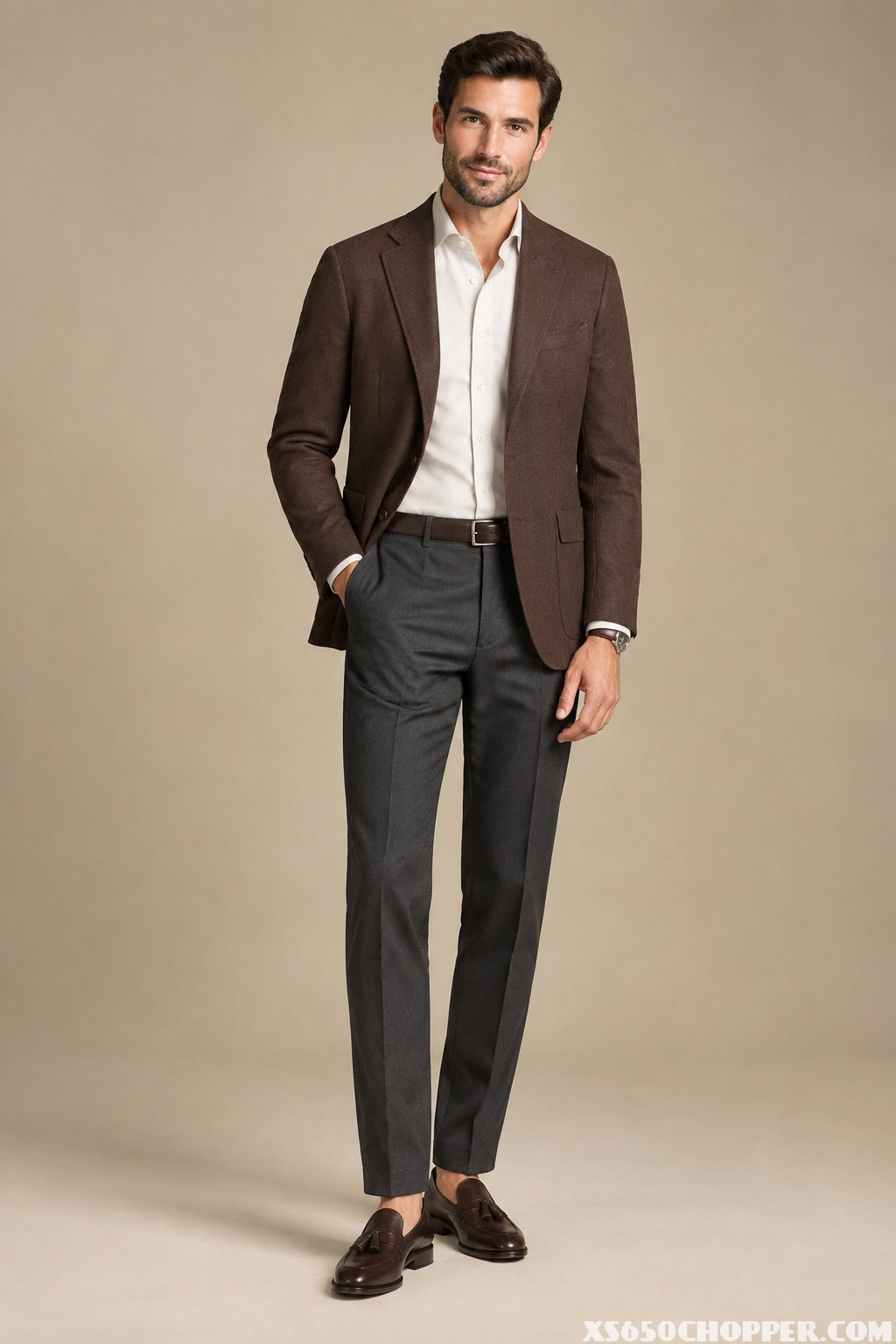A man wearing a brown blazer, charcoal trousers, and tassel loafers stands in a studio.