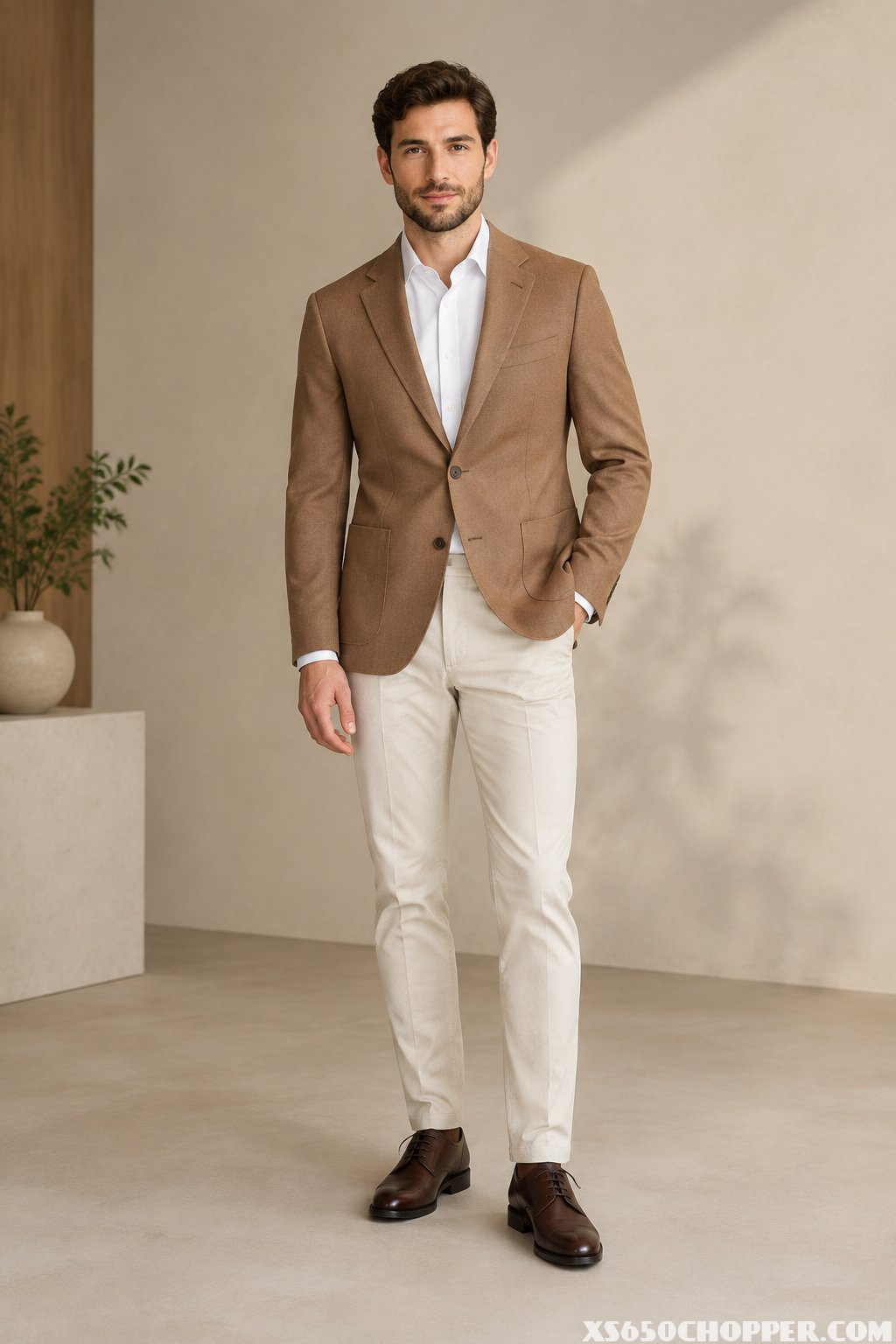 A man wearing a camel blazer, cream chinos, and dark brown Derby shoes stands in a minimalist interior.