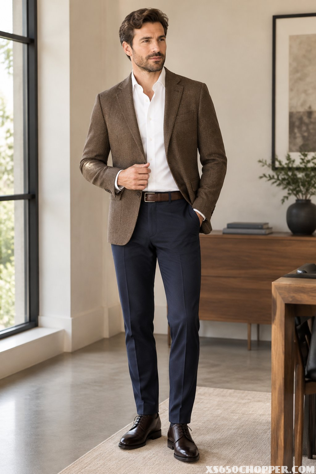 A man wearing a brown herringbone blazer, white shirt, navy trousers, and dark dress shoes stands indoors.