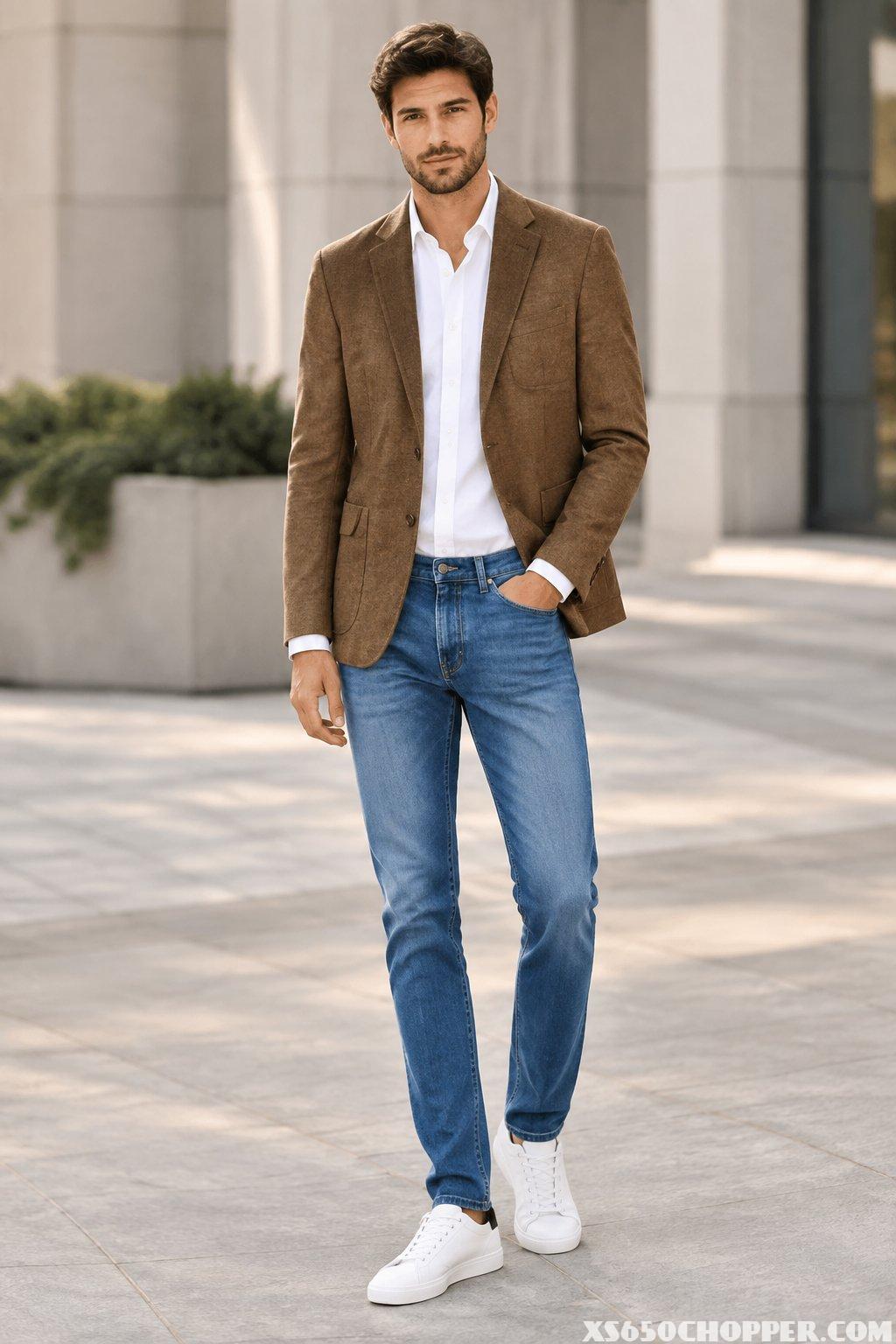 A man wearing a brown blazer, blue jeans, and white sneakers stands outdoors.