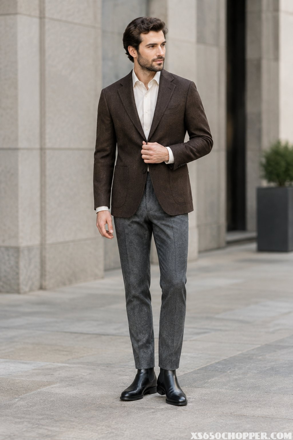 A man wearing a dark brown blazer, grey trousers, and black Chelsea boots.