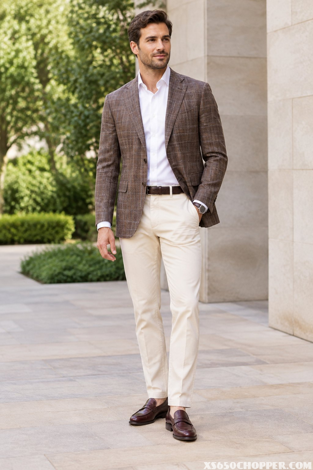 A man wearing a brown plaid blazer, ecru chinos, and burgundy loafers stands outdoors.
