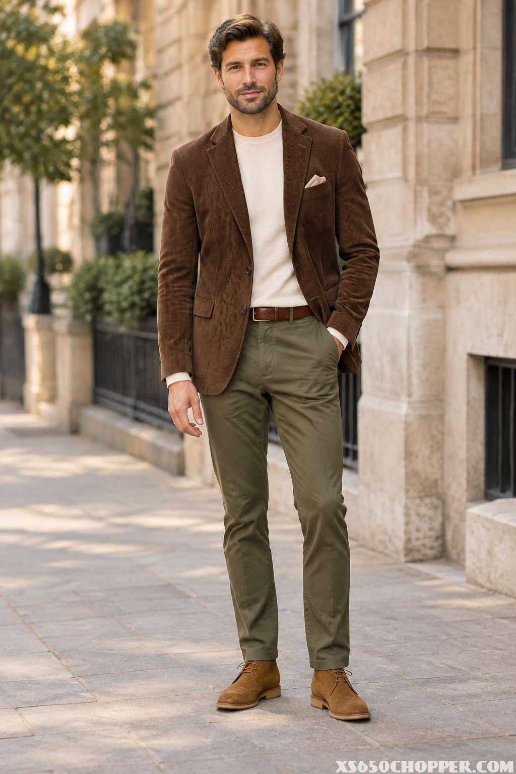 A man wearing a brown blazer, olive chinos, and tan suede desert boots stands on a city street.
