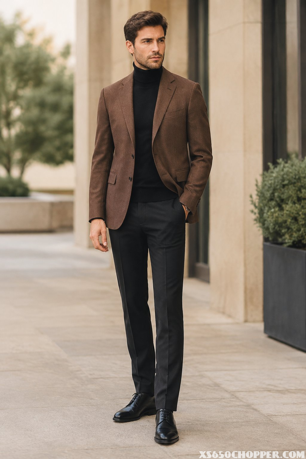 A man wearing a brown blazer, black turtleneck, and black trousers.