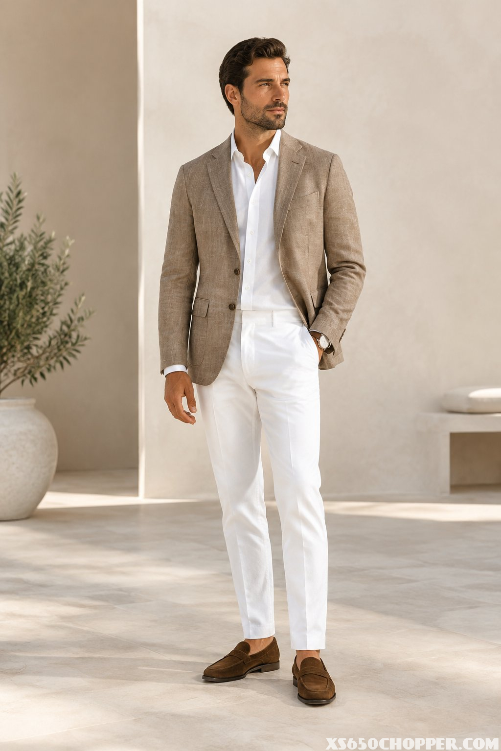 A man wearing a light brown blazer, white trousers, and brown suede loafers stands in a bright neutral setting.