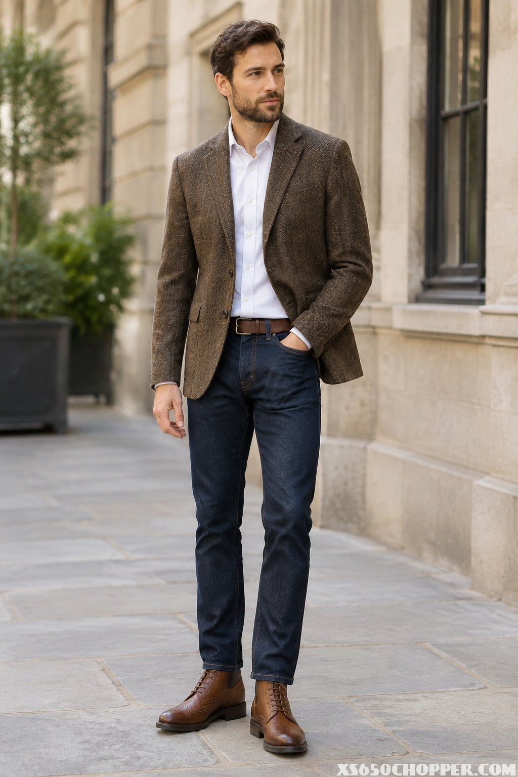 A man wearing a brown tweed blazer, dark jeans, and brown brogue boots stands on a city sidewalk.