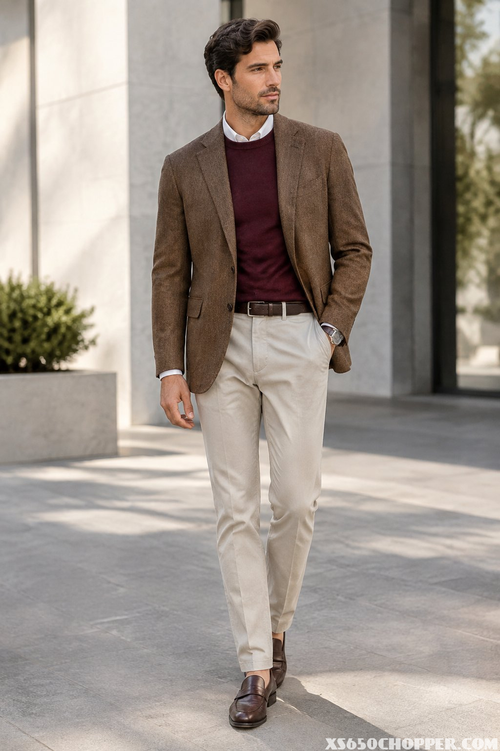 A man wearing a brown blazer, burgundy sweater, and stone-colored chinos stands outdoors beside a modern building.