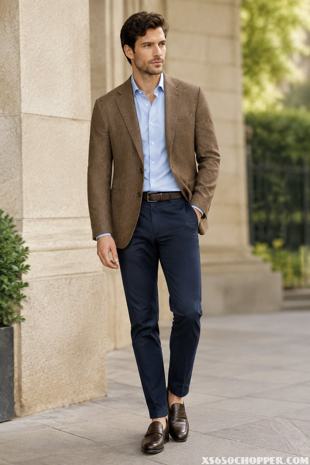 Man wearing a brown blazer, blue chambray shirt, navy chinos, and brown loafers.