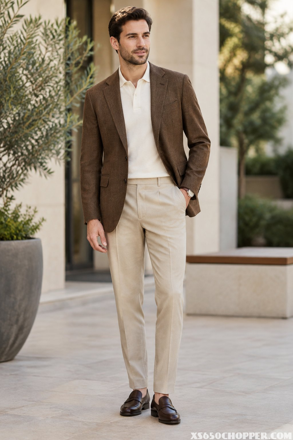 A man wearing a brown blazer, cream polo shirt, and tailored beige trousers stands in a modern setting.