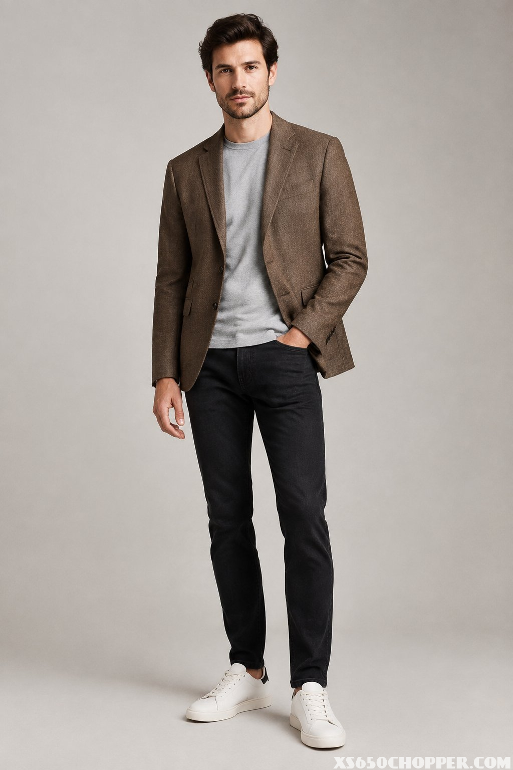 A man wearing a brown blazer, grey T-shirt, black jeans, and minimalist sneakers stands in a neutral studio.