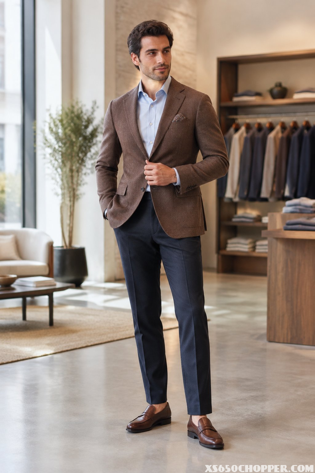A man wearing a tailored brown blazer stands in a bright modern clothing boutique.