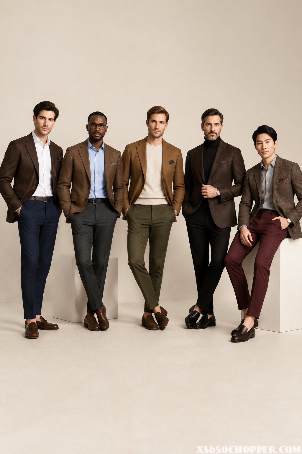Five men in coordinated brown blazer outfits pose in a bright minimalist studio.