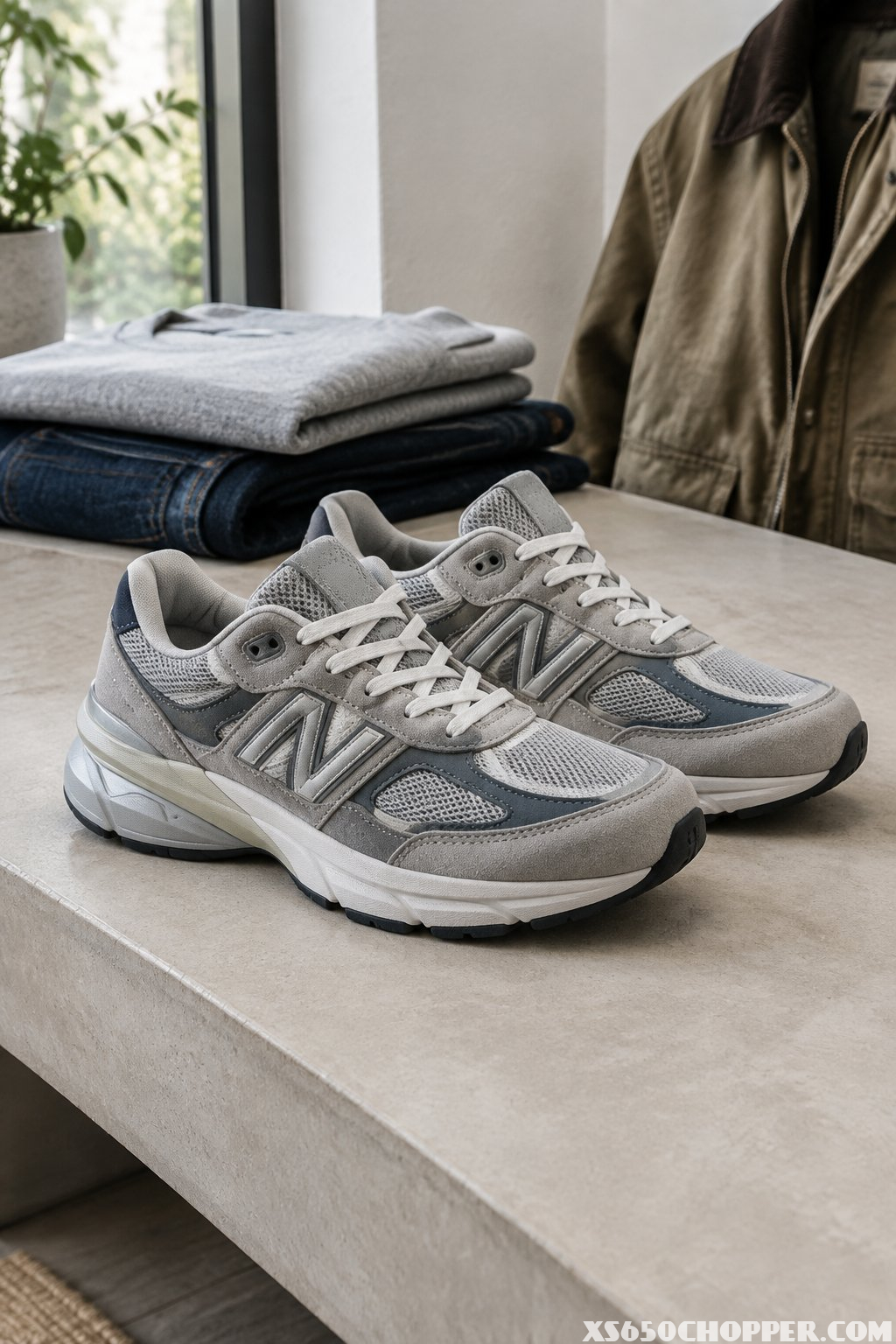 A pair of gray athletic sneakers rests on a concrete bench beside folded casual clothing.
