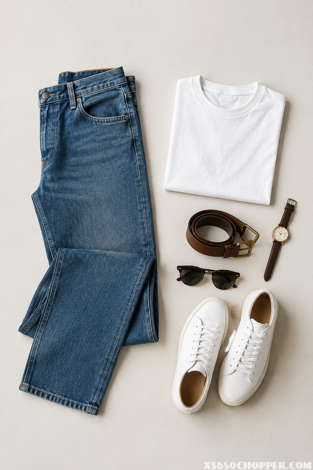 A pair of blue jeans arranged with a white T-shirt, brown belt, and white sneakers.