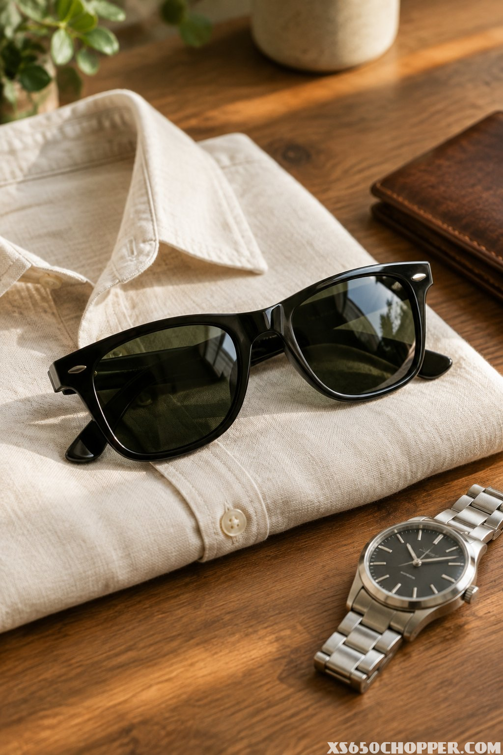 Classic black sunglasses resting on a folded cream shirt beside a leather wallet and wristwatch.