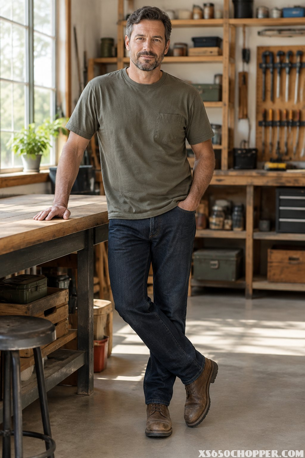A man in a workwear pocket T-shirt stands beside a workbench in a bright workshop.