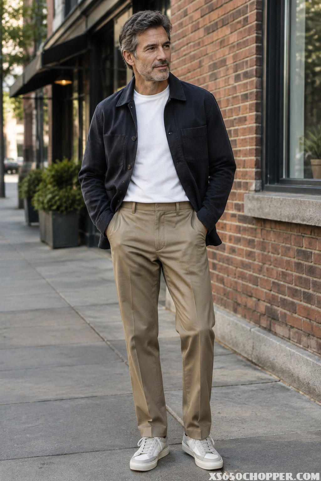 A middle-aged man wearing dark straight-leg work pants, a casual shirt, and a jacket stands on an urban street.