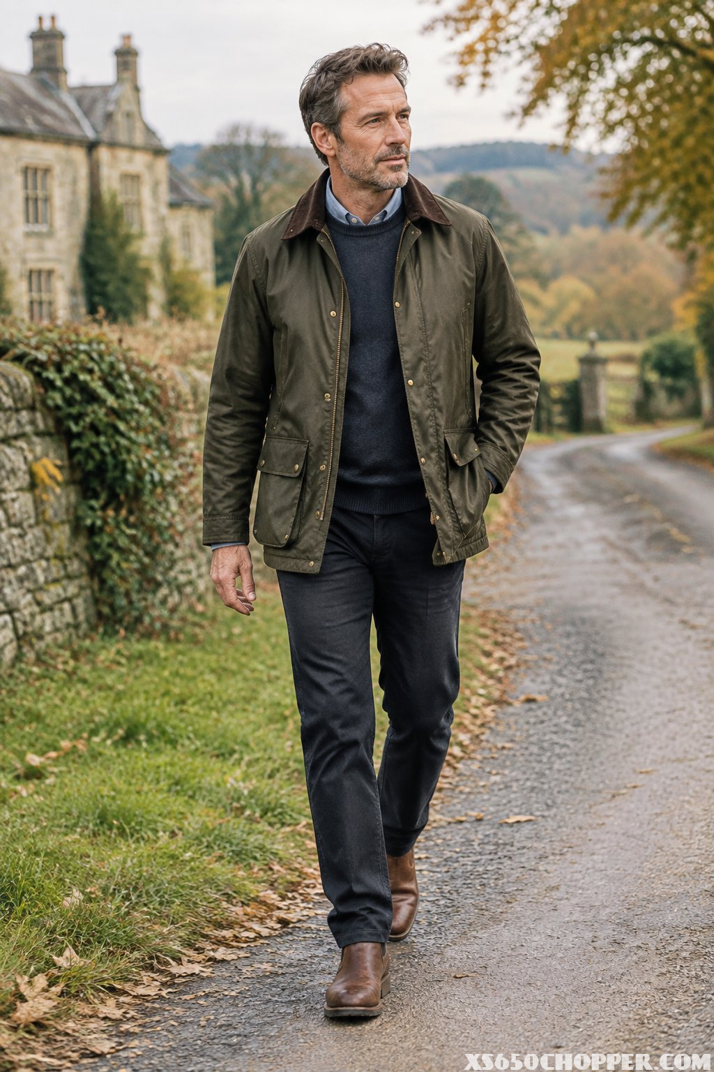 A middle-aged man wearing an olive-green wax jacket walks along a country lane.