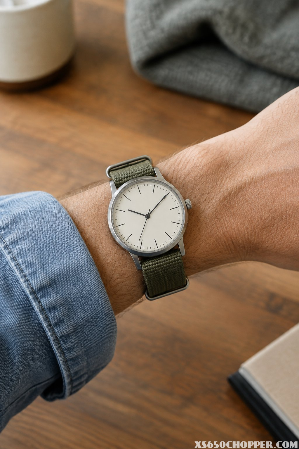 Close-up of a man wearing a simple watch with an olive-green fabric strap and a rolled-up shirt sleeve.