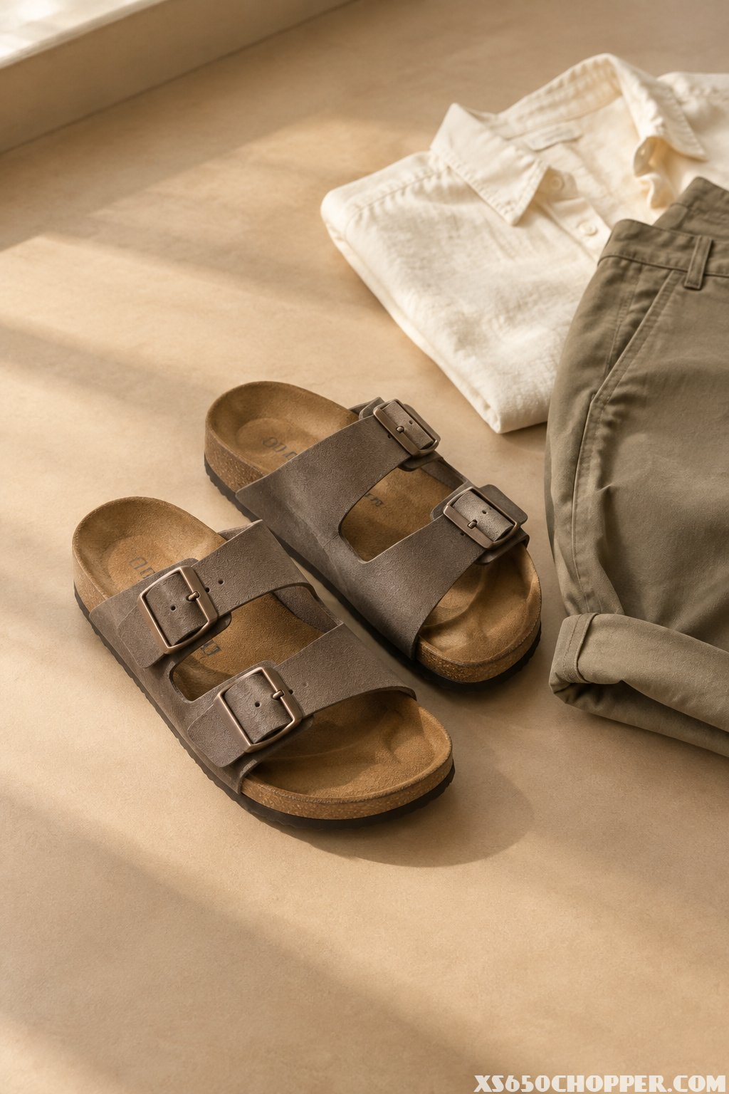 A pair of brown two-strap sandals rests beside folded casual clothing on a neutral surface.