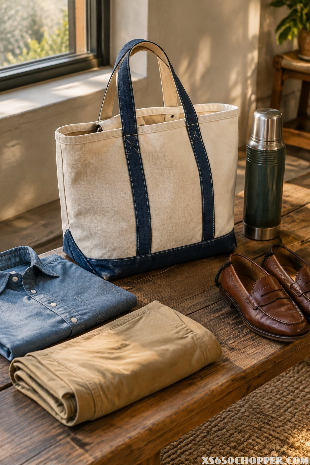 A canvas tote bag sits on a wooden bench beside folded clothing, loafers, and a thermos.
