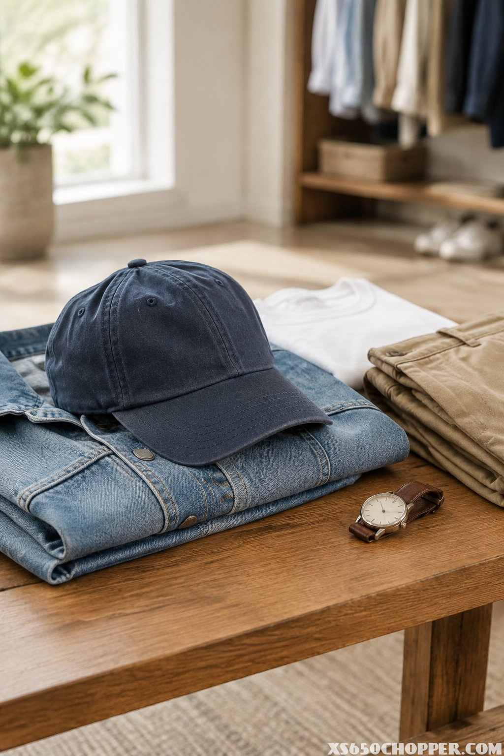 A classic baseball cap rests on folded casual clothing beside a wristwatch.
