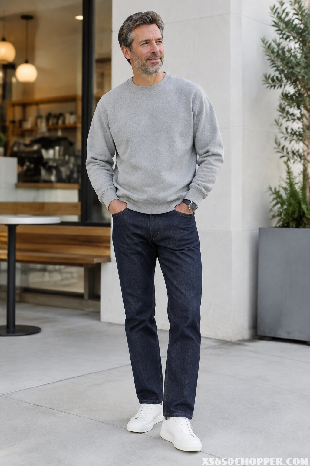 A middle-aged man wearing a gray crewneck sweatshirt, dark jeans, and white sneakers stands outdoors on a city street.