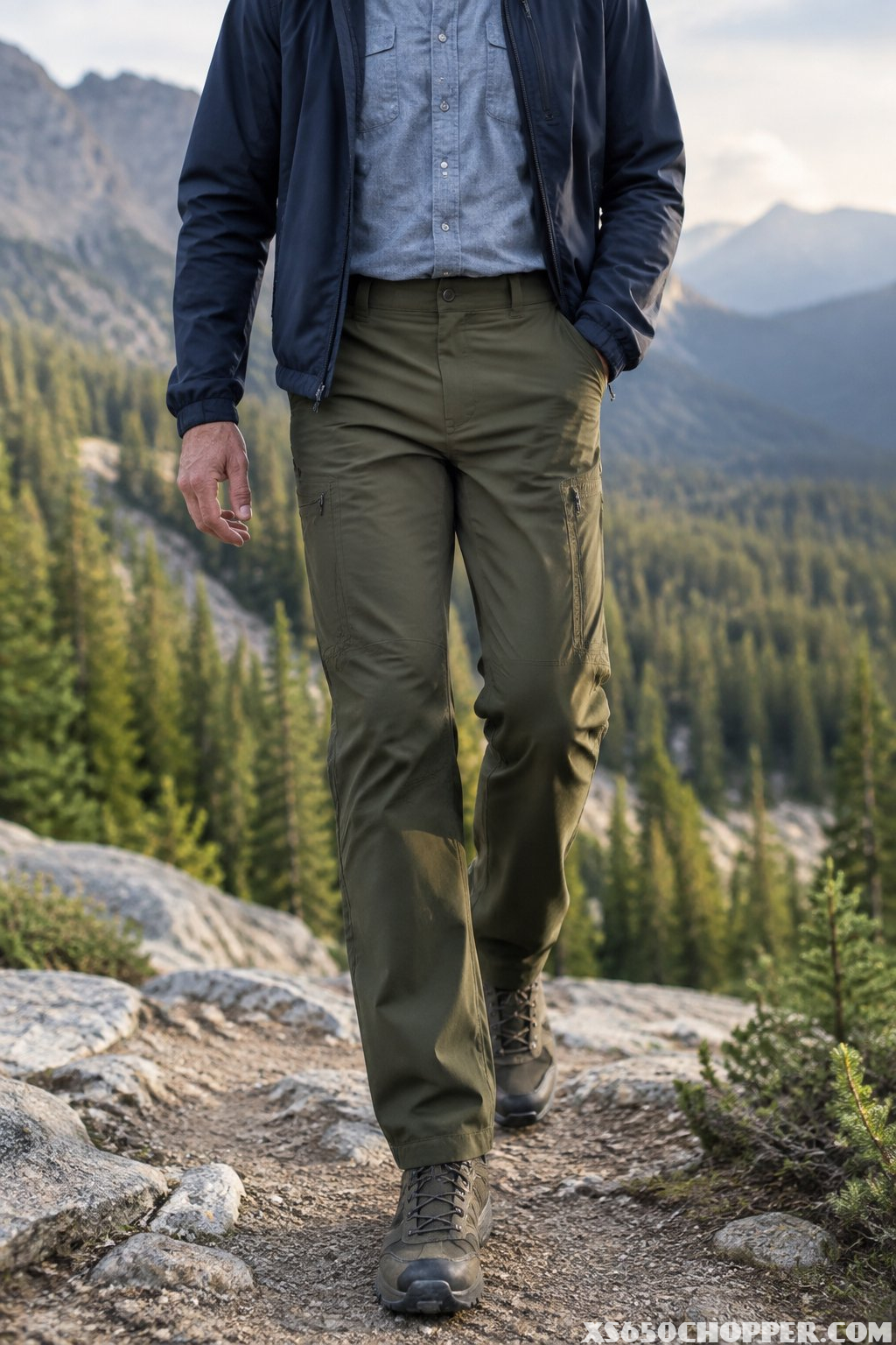 A middle-aged man wearing olive utility pants walks along a scenic mountain trail.