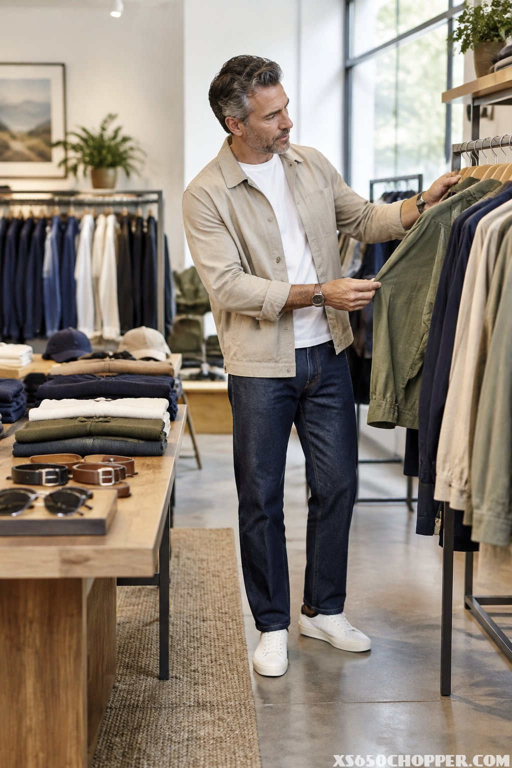 A stylish middle-aged man examines clothing in a modern menswear shop.