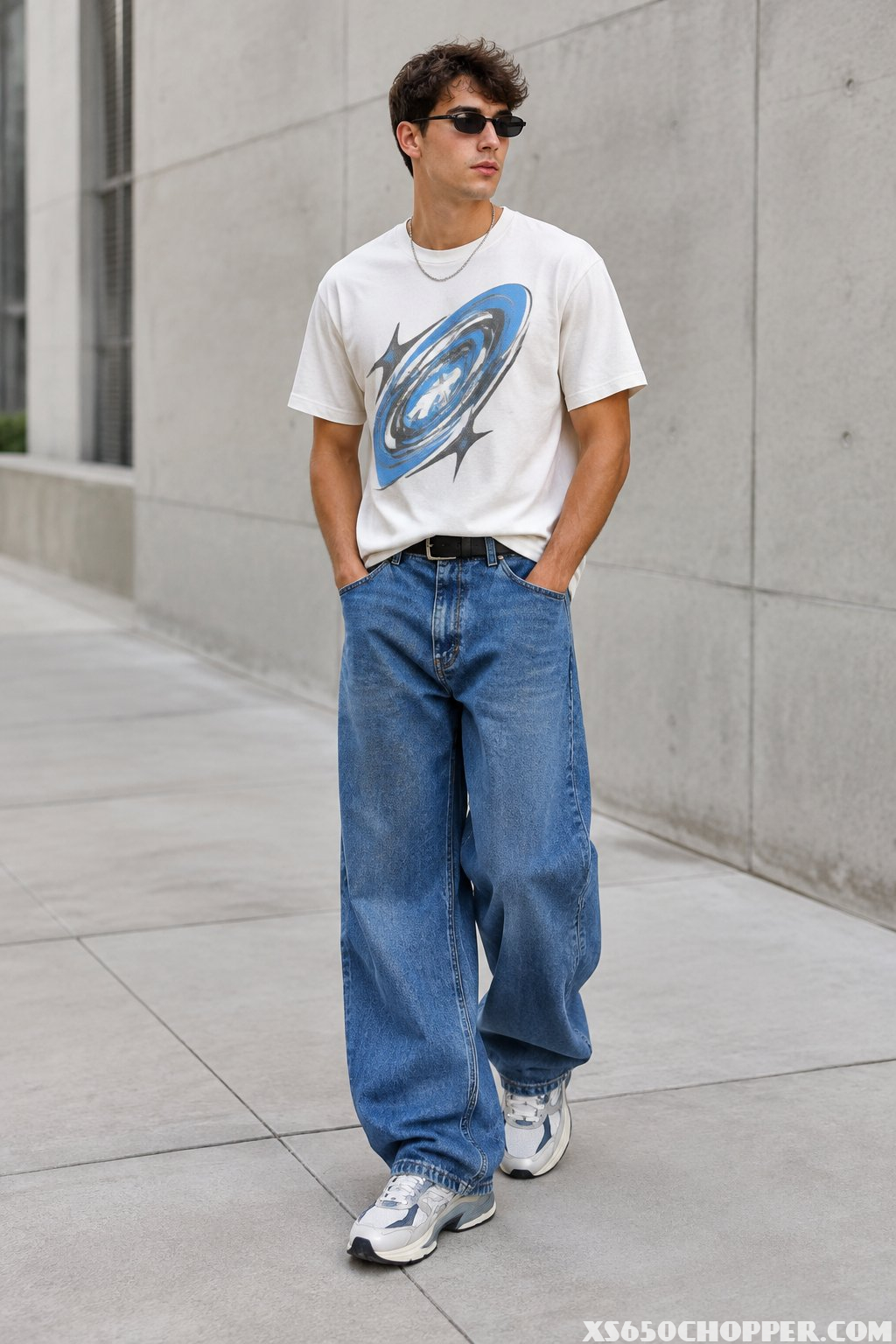 A young man stands outdoors wearing baggy jeans, a graphic T-shirt, and chunky sneakers.