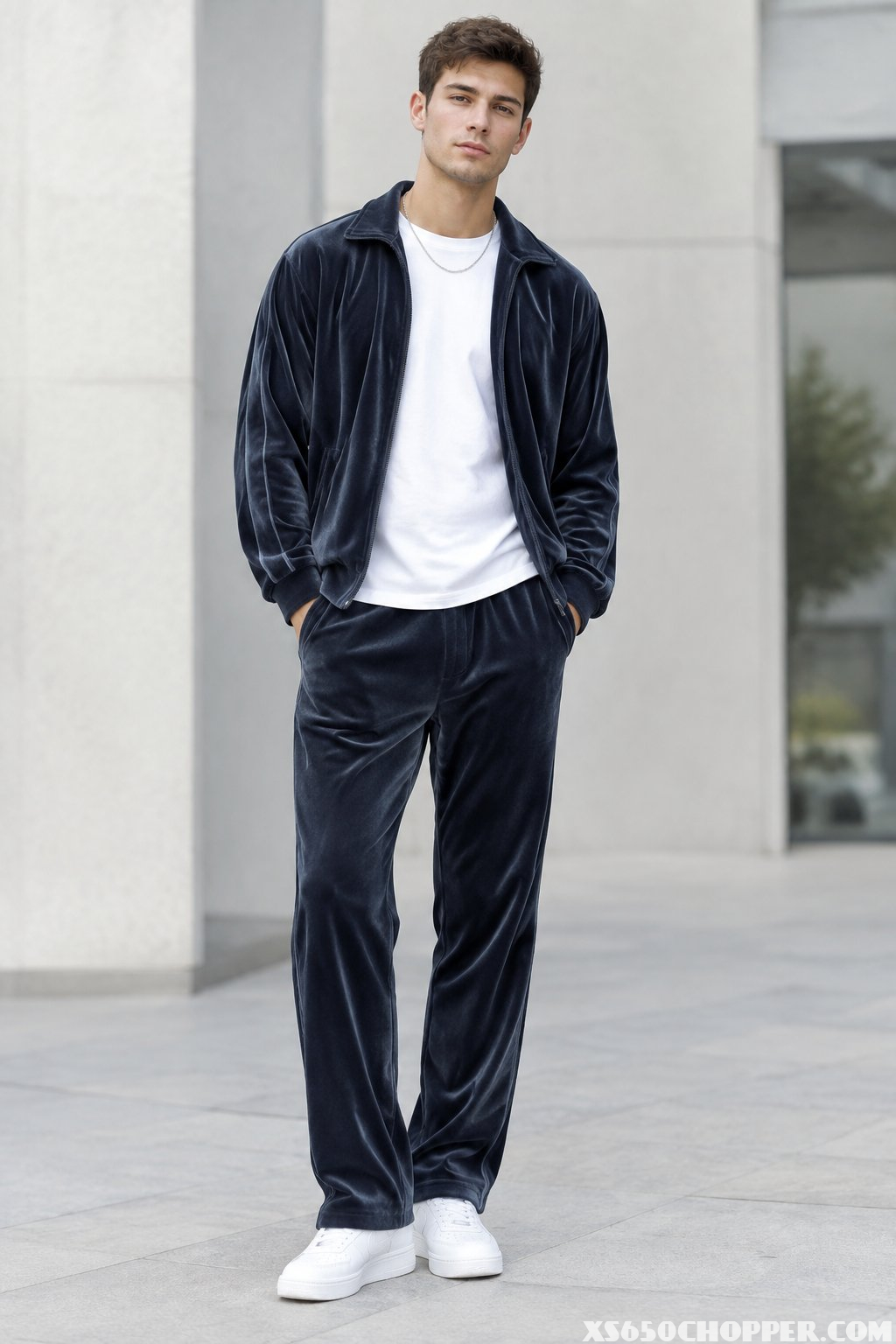A man wearing a dark velour tracksuit over a plain white T-shirt and white sneakers.