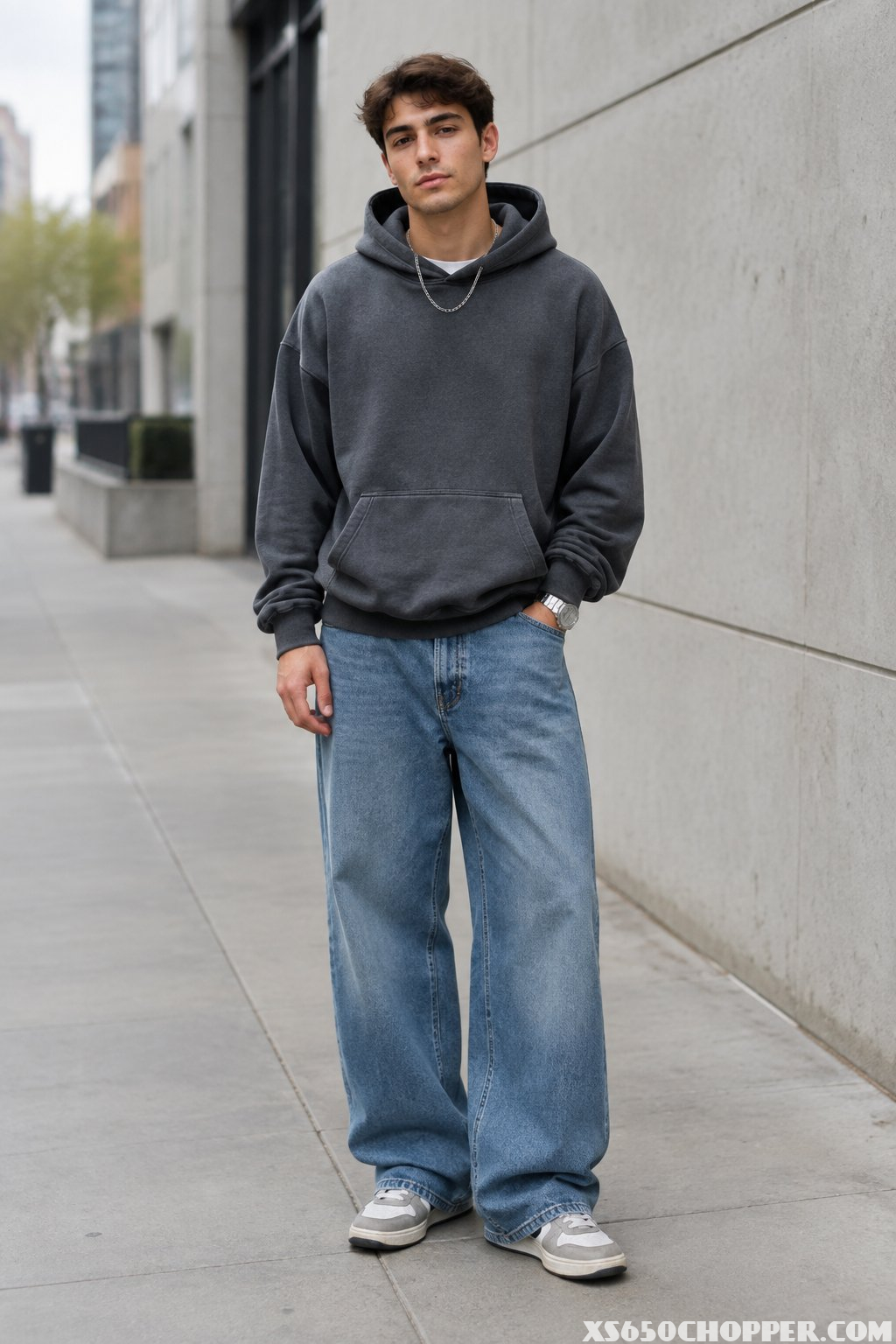 A young man wearing an oversized gray hoodie and wide-leg blue jeans stands on a city sidewalk.