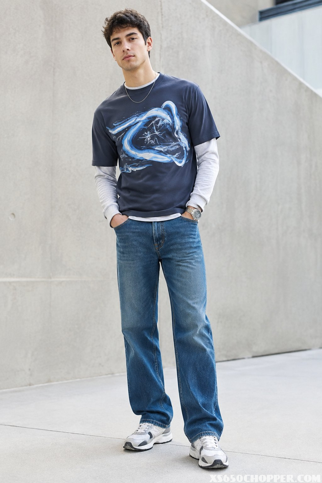 A young man stands outdoors wearing a long-sleeve shirt beneath a short-sleeve graphic T-shirt, relaxed jeans, and sneakers.