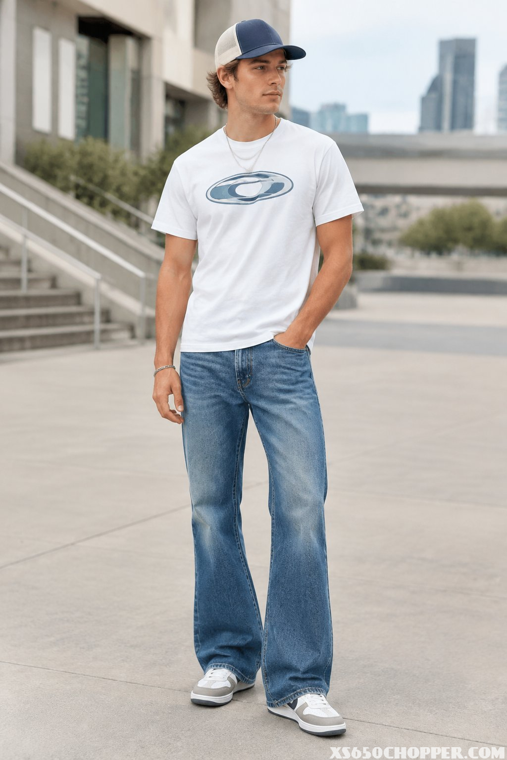 A man wearing a trucker hat, graphic T-shirt, relaxed bootcut jeans, and sneakers stands outdoors.