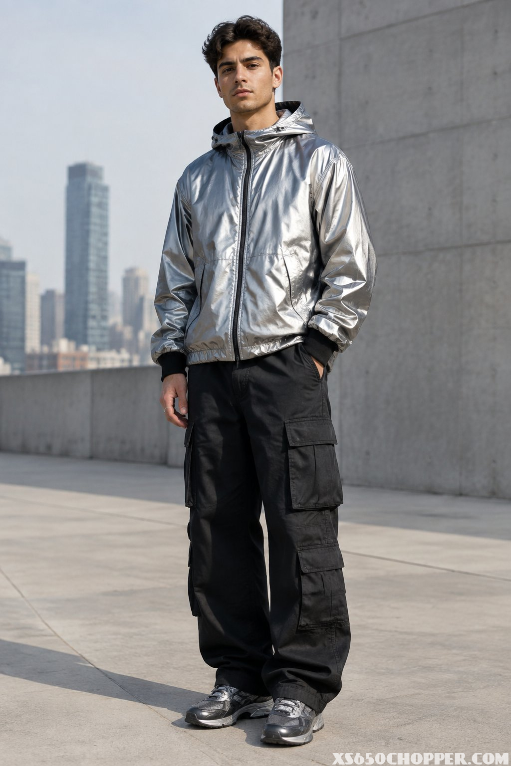 A man wearing a metallic silver windbreaker and black cargo pants stands in an urban setting.