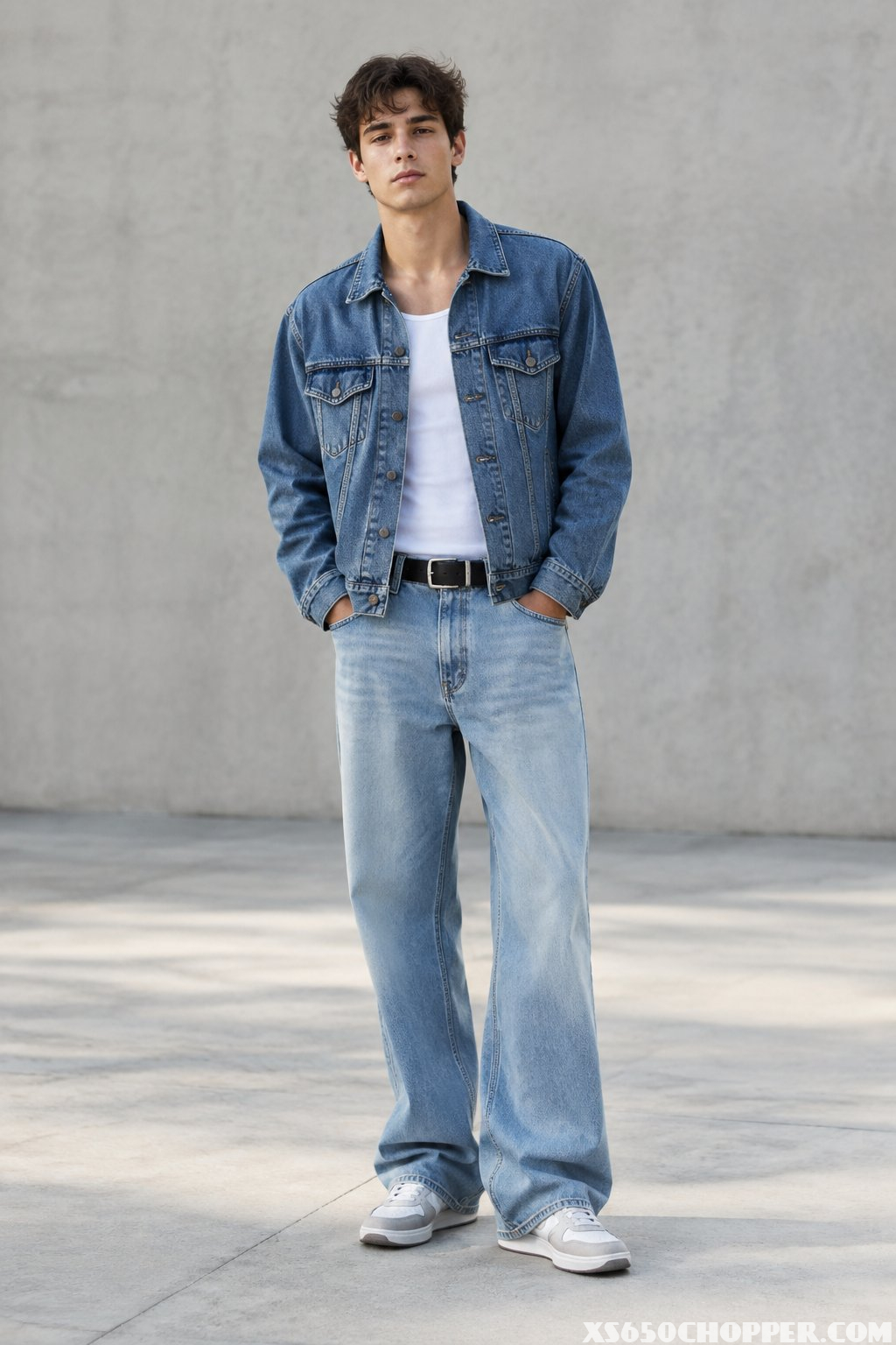 A man wearing a blue denim jacket, white tank top, and loose jeans.