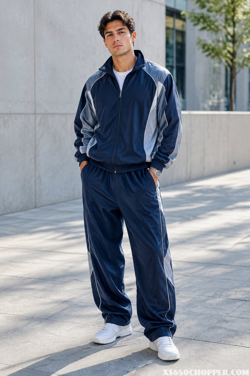 A man wearing a zip-up track jacket and baggy joggers stands outdoors in an urban setting.