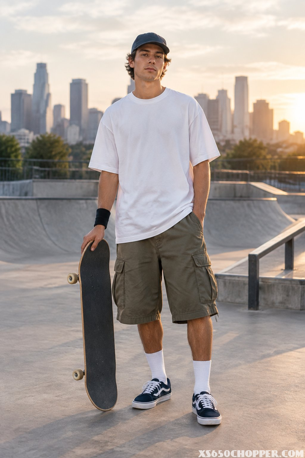 A young man in a loose T-shirt, knee-length shorts, and skate shoes stands beside a skateboard at an urban skate park.