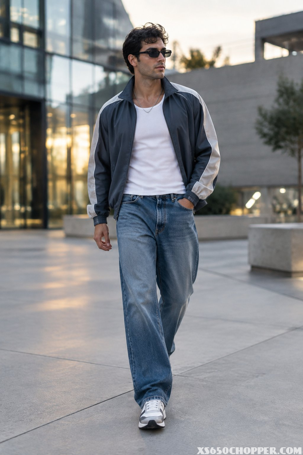 A man walks through a modern urban plaza wearing a casual layered outfit and sneakers.