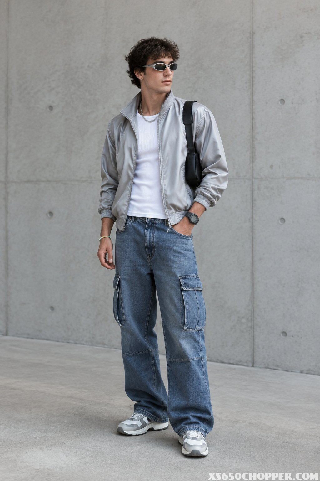 A young man wearing a casual early-2000s-inspired outfit with layered clothing, sunglasses, a shoulder bag, and chunky sneakers.