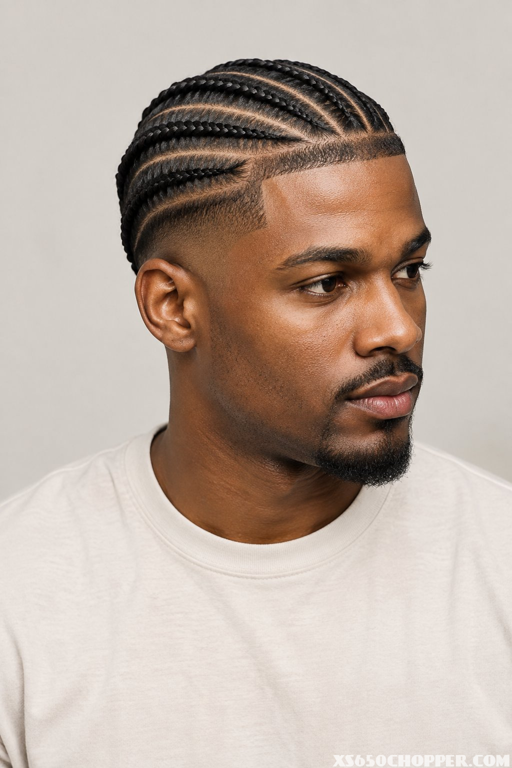 Man with stitch cornrows and a tapered fade haircut.