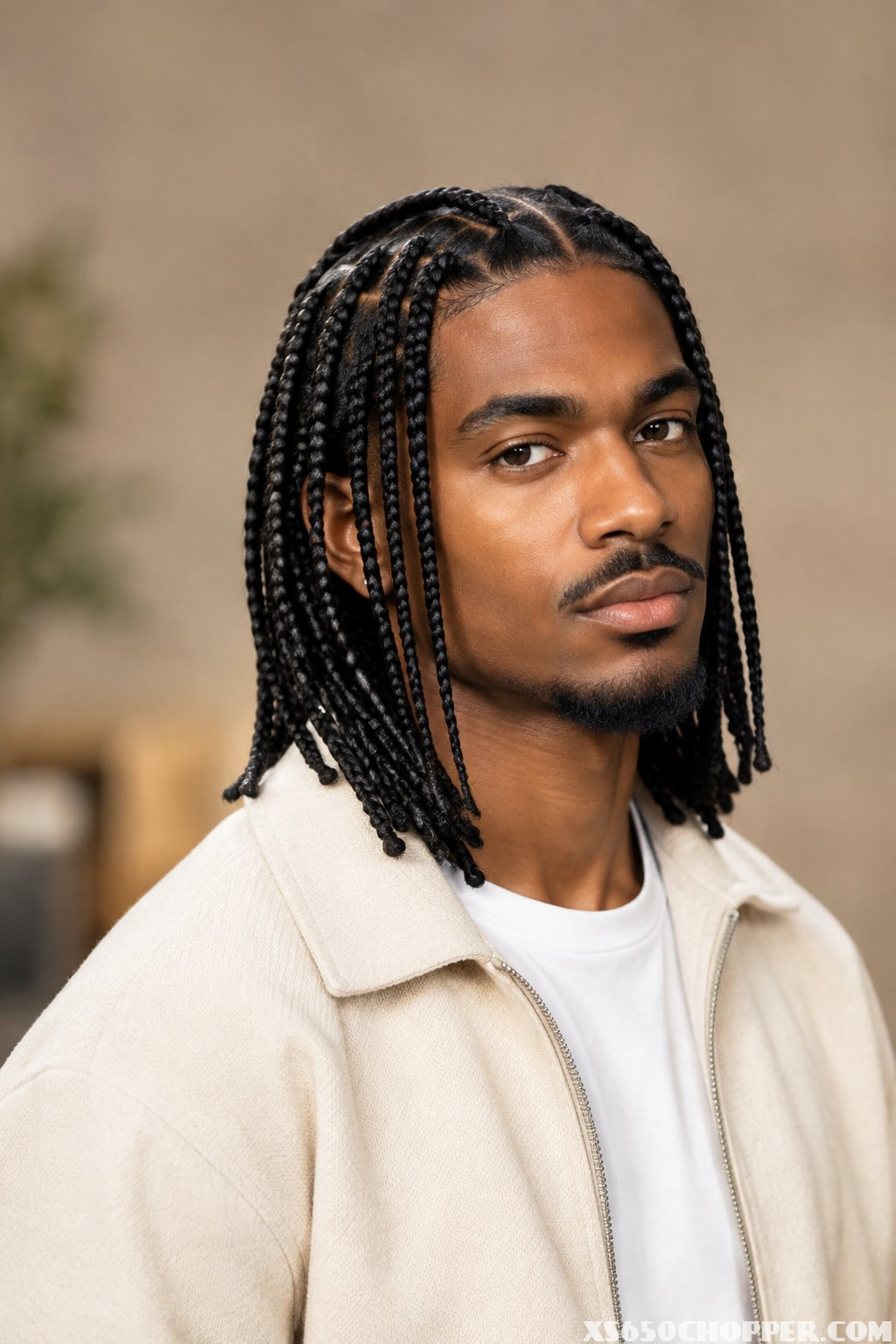 A man with neatly styled knotless box braids poses against a softly blurred background.