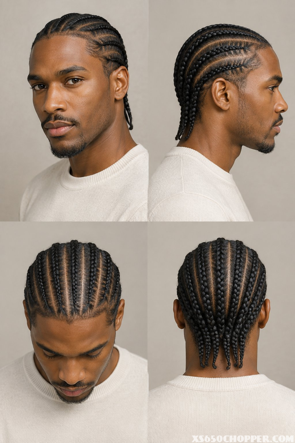 A man with neatly braided cornrows styled straight back.
