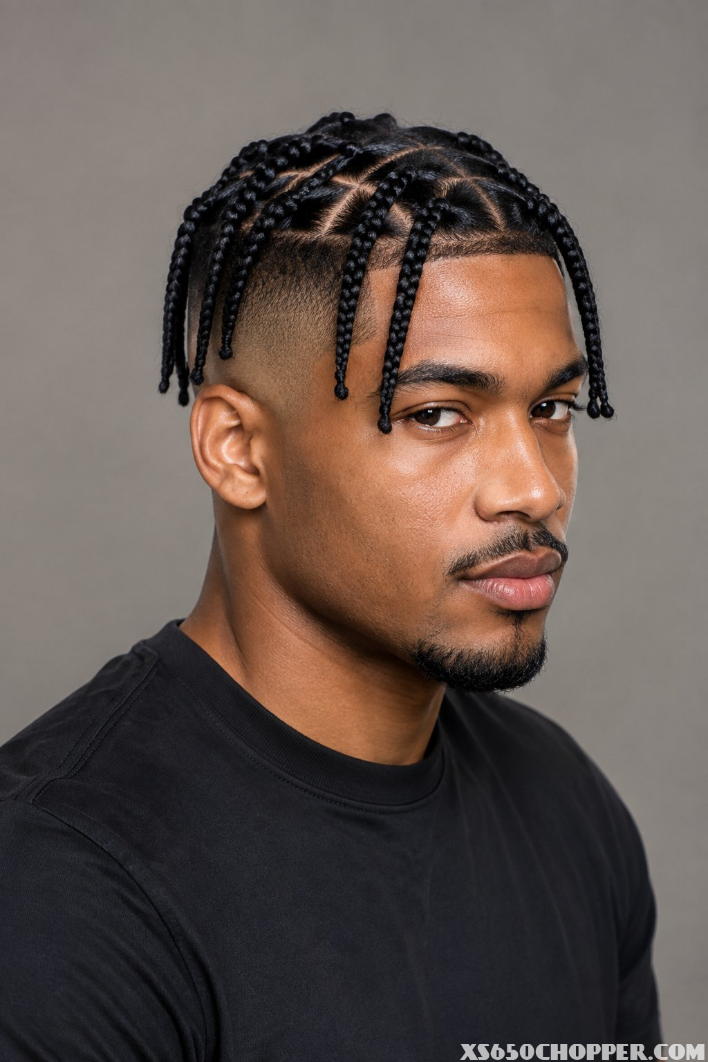 A man with box braids and a high fade haircut poses against a plain background.